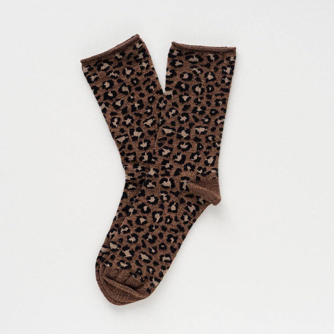 Glittriga lurexstrumpor i lyocell – Brun leopard